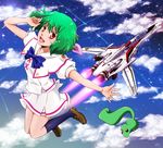  ai-kun aircraft airplane alien cloud flying green_hair jet macross macross_frontier mecha moon-p pet ranka_lee red_eyes s.m.s. school_uniform science_fiction serafuku short_hair sky solo space_craft star_(sky) vajra variable_fighter vf-25 