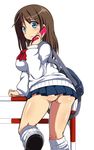  ass bag blue_eyes brown_hair cellphone comord fang from_behind frown looking_back loose_socks no_panties original phone school_uniform simple_background skirt socks solo sweat sweater talking_on_phone white_background 