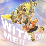  1girl 440_(straight440) absurdres animal_ears arms_up blue_eyes braid brown_hair chinchilla_ears cloud cloudy_sky crop_top dual_wielding english_commentary english_text facial_tattoo falling floating_hair from_below full_body fur-trimmed_mittens fur_trim genshin_impact glowing glowing_tattoo highres holding holding_weapon kachina_(genshin_impact) long_hair mad_max mad_max:_fury_road midair midriff mittens navel open_mouth outdoors parody scene_reference shoes shorts side_braids sky solo stomach tattoo tearing_up v-shaped_eyebrows very_long_hair visor_cap weapon wide-eyed 