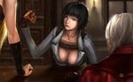  1boy 2girls breasts capcom cleavage dante dante_(devil_may_cry) dantewontdie devil_may_cry food highres lady lady_(devil_may_cry) multiple_girls trish trish_(devil_may_cry) 