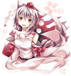  animal_ears bad_id bad_pixiv_id brown_eyes detached_sleeves fang hat hat_ribbon highres inubashiri_momiji long_sleeves looking_at_viewer open_mouth otegoya ribbon shirt short_hair silver_hair solo tail tokin_hat touhou upper_body wide_sleeves wolf_ears wolf_tail 