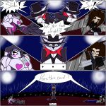 absurd_res anthro axel_grey_(rakoongrey) big_muscles bow_tie brown_hair circus clothing clown_makeup colored comic female fingerless_gloves footwear fur gloves grey_body grey_clothing grey_fur group hair handwear heart_clothing heart_symbol hi_res high_heels hoodie huge_muscles human hyper hyper_muscles jason_sutherland kreiser_vii lagomorph leporid makeup male mammal melee_weapon muscular muscular_female pale_skin pink_accessory procyonid rabbit raccoon shoes speech_bubble stella_(rakoongrey) suit sword topwear weapon wristband