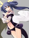  asymmetrical_wings bare_shoulders blue_hair bow breasts choker dizzy grey_background guilty_gear hair_bow kishiro_(michiko) long_hair medium_breasts navel red_eyes simple_background solo tail twintails underboob wings 