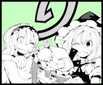  alice_margatroid bow capelet crescent hairband hand_on_shoulder hat hat_bow hokuto_(scichil) kirisame_marisa long_hair monochrome multiple_girls one_eye_closed patchouli_knowledge ribbon short_hair smile touhou upper_body witch_hat 