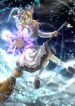  apron blonde_hair braid broom broom_riding fuuna_(conclusion) hair_ribbon hat highres kirisame_marisa lens_flare long_hair open_mouth outstretched_arm outstretched_hand ribbon shirt skirt skirt_set smile solo star touhou vest waist_apron witch witch_hat yellow_eyes 