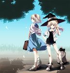  alice_margatroid alternate_costume bag bare_shoulders blonde_hair blue_eyes brown_eyes dress hairband hat kirisame_marisa long_hair multiple_girls namatarou profile short_hair shorts touhou vest 