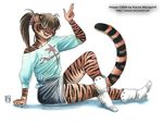  2006 80s anthro clothing feline female hair kacey long_hair looking_at_viewer mammal plain_background ponytail solo stripes tiger white_background 
