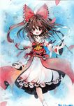  ahoge ascot bow brown_hair dated detached_sleeves gohei hair_bow hair_tubes hakurei_reimu long_hair mosho petals red_eyes signature solo touhou traditional_media watercolor_(medium) 