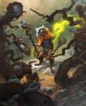 2024 anthro barefoot bello_(magic:_the_gathering) cape claws clothing cutlery dutch_angle elemental_manipulation facial_markings feet fork grass hasbro head_markings hi_res holding_object holding_staff kitchen_utensils magic:_the_gathering male mammal markings mask_(marking) melee_weapon official_art open_mouth pan plant plant_manipulation procyonid raccoon red_cape red_clothing slawomir_maniak solo spoon staff standing sword tools traditional_media_(artwork) weapon whiskers wizards_of_the_coast