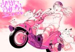  1girl animal bikini blush breasts chinese_zodiac front-tie_top goggles goggles_on_headwear happy_new_year helmet horizontal-striped_thighhighs long_hair medium_breasts motor_vehicle motorcycle motorcycle_helmet nengajou new_year on_motorcycle on_scooter open_mouth original rabbit riding riding_scooter scooter shoes side-tie signature smile solo steering_wheel striped_clothes striped_thighhighs swimsuit tamanoi_peromekuri teeth thighhighs upper_teeth_only vespa year_of_the_rabbit 