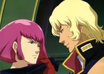  1girl artist_request blonde_hair gloves gundam haman_karn highres pink_hair quattro_vageena zeta_gundam 