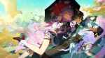  1boy 1girl absurdres belt bird black_belt black_flower black_gloves black_hair black_jacket black_pants black_shirt black_shoes black_umbrella chromatic_aberration crossed_bangs dan_heng_(honkai:_star_rail) dan_heng_(permansor_terrae)_(honkai:_star_rail) day dragon_boy dragon_horns dress earrings evernight_(honkai:_star_rail) flower glass_shards gloves hadanugi_dousa hair_between_eyes hair_flower hair_ornament half-jacket half_gloves hand_on_another's_cheek hand_on_another's_face high_heels highres holding holding_umbrella honkai:_star_rail honkai_(series) horns jacket jewelry layered_dress long_hair long_sleeves looking_at_viewer low_ponytail march_7th_(honkai:_star_rail) mountainous_horizon official_alternate_costume official_alternate_hairstyle outdoors pants parted_lips pink_hair pointy_ears ponytail rattail red_eyes ring shirt shoes shotgunman sidelocks single_bare_leg single_bare_shoulder thigh_strap twintails umbrella white_dress white_shirt yellow_leaves 