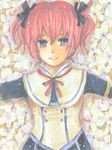  1girl alicia_combatir blue_eyes breasts capelet flower lying open_mouth pink_hair short_hair skirt tales_of_(series) tales_of_symphonia twintails 