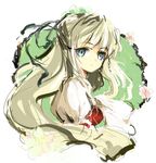  1girl blonde_hair blue_eyes breasts claire_bennett flower green_background long_hair maromi_(am97) tales_of_(series) tales_of_rebirth 
