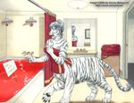  2006 amazing bathtub chakat d: detailed_background feline female hair jello kacey mammal mirror red_jello shower shower_curtain sign sink solo stripes tales_of_the_folly taur tiger towel 
