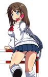  ass bag blue_eyes brown_hair cellphone comord fang from_behind looking_back loose_socks original phone school_uniform simple_background skirt socks solo sweater talking_on_phone white_background 