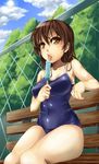  bad_id bad_pixiv_id bench brown_eyes brown_hair food licking matatabi_(forest00) one-piece_swimsuit original popsicle school_swimsuit sexually_suggestive short_hair sitting solo swimsuit 