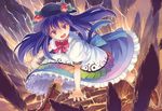  blue_hair boots bow broken_ground colored_eyelashes cross-laced_footwear food fruit hat hinanawi_tenshi kanini long_hair open_mouth outstretched_arm peach red_eyes shirt skirt solo touhou 