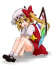  ascot blonde_hair bobby_socks fang fingernails flandre_scarlet full_body hat hat_ribbon head_tilt highres legs_up looking_at_viewer mary_janes monrooru open_mouth red_eyes ribbon shadow shoes short_hair short_sleeves side_ponytail simple_background sitting skirt socks solo touhou v_arms vest white_background wings 
