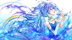  blue_hair chaperu_(mukuone) closed_eyes hatsune_miku highres jewelry long_hair microphone necklace open_mouth rainbow solo vocaloid water 