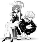  1boy 1girl absurdly_long_hair absurdres animal_ears aris_(blue_archive) bare_legs blue_archive breasts closed_mouth detached_collar fake_animal_ears full_body gakuran gojou_satoru greyscale hair_between_eyes halo high_heels highres holding holding_removed_eyewear hood hood_down jacket jujutsu_kaisen leotard long_hair looking_at_viewer meliach monochrome one_side_up pants playboy_bunny rabbit_ears school_uniform shoes simple_background sitting small_breasts smile squatting stool strapless strapless_leotard sunglasses unworn_eyewear very_long_hair white_background 