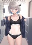  1girl :d ass_visible_through_thighs bare_shoulders black_bow black_jacket black_panties blue_eyes blue_hair bow breasts collarbone commentary_request fang grey_hair hair_bow highres indoors jacket long_sleeves looking_at_viewer multicolored_hair off_shoulder one-piece_tan open_clothes open_jacket original panties puffy_long_sleeves puffy_sleeves short_hair sleeves_past_wrists small_breasts smile solo sports_bra standing streaked_hair tan tanlines two-tone_hair underwear yukimaru217 