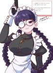  1girl 2025 apron black_dress black_lagoon bob_cut braid breasts cross cross_necklace dated dress glasses gold_buttons gun highres holding holding_gun holding_weapon jewelry large_breasts looking_at_viewer maid maid_apron maid_headdress marshmallow_(site) necklace puffy_sleeves purple_eyes purple_hair roberta_(black_lagoon) round_eyewear simple_background tsunemoku twin_braids weapon white_apron white_background white_sleeve_cuffs 