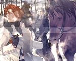  2boys alcohol bottle culgan gensou_suikoden gensou_suikoden_ii horse kaburaya long_coat male_focus multiple_boys red_hair seed_(suikoden) silver_hair wine 