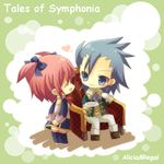  1boy 1girl alicia_combatir blue_eyes blue_hair boots coat dress eyes_closed heart long_hair lowres open_mouth pants pink_hair regal_bryan regal_bryant shoes short_hair smile tales_of_(series) tales_of_symphonia thighhighs twintails 