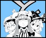  :o alice_margatroid blush bow capelet closed_eyes crescent hairband hat hat_bow hokuto_(scichil) kirisame_marisa long_hair monochrome multiple_girls patchouli_knowledge ribbon short_hair touhou upper_body witch_hat 