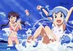  ;d absurdres armpits arms_up barefoot beach bikini blue_eyes blue_hair blush bracelet brown_hair camisole chibi day feet frilled_bikini frills glasses hat highres honda_yoshino ikamusume innertube jewelry long_hair megami midriff mini-ikamusume multiple_girls navel official_art one-piece_swimsuit one_eye_closed open_mouth outdoors sakura_kiyomi scan shinryaku!_ikamusume shiny shiny_skin smile soles splashing swimsuit tentacle_hair toes twintails water 