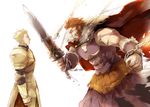  9room armor bad_id bad_pixiv_id beard blonde_hair cape chain earrings facial_hair fate/zero fate_(series) gilgamesh jewelry male_focus multiple_boys red_eyes red_hair rider_(fate/zero) spoilers sword weapon 
