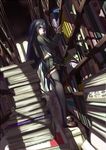  black_hair black_legwear blurry book book_stack depth_of_field dutch_angle f_sharp from_below glasses highres library loafers long_hair looking_at_viewer midriff os-tan personification pleated_skirt purple_eyes renka_(renkas) school_uniform shoes skirt solo thighhighs window_shade zettai_ryouiki 