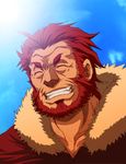  beard cape closed_eyes facial_hair fate/zero fate_(series) grin highres murasaki_kaname red_eyes red_hair rider_(fate/zero) smile 