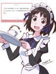  1girl 2025 :d apron arashiyama_hotori black_dress black_hair blue_ribbon brown_eyes collar cup dated dress highres holding holding_plate looking_at_viewer maid maid_apron maid_headdress marshmallow_(site) open_mouth plate ribbon short_hair simple_background smile soredemo_machi_wa_mawatteiru teacup tsunemoku white_apron white_background white_collar white_sleeve_cuffs 