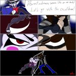 absurd_res anthro axel_grey_(rakoongrey) big_muscles bow_tie brown_hair circus clothing clown_makeup colored comic female fingerless_gloves footwear fur gloves grey_body grey_clothing grey_fur group hair handwear heart_clothing heart_symbol hi_res high_heels hoodie huge_muscles human hyper hyper_muscles jason_sutherland kreiser_vii lagomorph leporid makeup male mammal melee_weapon muscular muscular_female pale_skin pink_accessory procyonid rabbit raccoon shoes speech_bubble stella_(rakoongrey) suit sword topwear weapon wristband