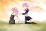  2girls absurdres alicia_combatir bare_shoulders belt breasts elbow_gloves eyes_closed gloves highres long_hair multiple_girls open_mouth pink_hair presea_combatir ribbon shoes short_hair skirt tales_of_(series) tales_of_symphonia thighhighs twintails wings 