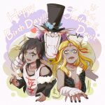  3boys asymmetrical_hair bandage_on_neck bandaged_arm bandages bare_shoulders big_mouth birthday black_eyeshadow black_hair black_hat black_jacket black_nails black_tank_top black_vest blonde_hair blue_flower blue_rose blush blush_stickers coat collar collarbone collared_coat colored_skin d.gray-man devit english_text eyeshadow facepaint facial_mark facing_viewer fangs flower forehead_mark fur-trimmed_jacket fur-trimmed_vest fur_trim glasses gloves gradient_background green_background green_shirt grey_background grey_skin grin hand_on_another's_shoulder happy_birthday hat hat_flower highres jacket jacket_partially_removed jasdero large_hat long_hair looking_at_another looking_at_viewer makeup male_focus medium_hair millennium_earl multiple_boys noah_(d.gray-man) open_clothes open_vest orange_ribbon parted_lips pointy_ears purple_background purple_collar ribbon ribbon_around_head rose round_eyewear shirt sidelocks smile stitched_mouth stitches sweat sweatdrop tank_top two-tone_background uzura-000 vest white_gloves white_tank_top yellow_coat yellow_eyes 