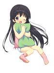  ;d absurdres anyannko black_hair blush highres long_hair one_eye_closed open_mouth original pillow pillow_hug purple_eyes simple_background sitting smile socks solo very_long_hair white_background 