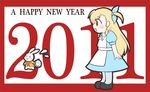  &gt;_&lt; 2011 alice_in_wonderland blush closed_eyes kuromitu_(kageneko) long_hair lyrical_nanoha mahou_shoujo_lyrical_nanoha_vivid new_year open_mouth pantyhose red_eyes sacred_heart solo vivio 