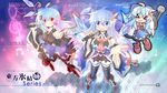  &gt;_&lt; :3 ahoge alternate_breast_size alternate_eye_color ascot black_legwear blue_eyes blue_hair blush boots bow breasts cirno closed_eyes detached_sleeves grin hair_bow hair_ornament highres large_breasts long_hair microphone multiple_persona older open_mouth red_eyes skirt smile star thighhighs touhou wallpaper wings yurume_atsushi 