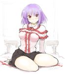  blush capelet kiyu_(queue) nagae_iku no_hat no_headwear purple_hair red_eyes shirt short_hair sitting sketch skirt solo thighs touhou 