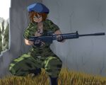  1girl :q alternate_breast_size_(larger) alternate_costume beret black_boots black_gloves blue_hat blush boots breasts brown_hair camouflage camouflage_pants camouflage_shirt cleavage closed_mouth commentary_request dated fingerless_gloves full_body gloves green_eyes green_pants green_shirt gun hat heterochromia highres holding holding_gun holding_weapon itini-sanshi large_breasts looking_afar pants red_eyes rifle rozen_maiden shirt short_hair smile sniper_rifle solo souseiseki squatting tongue tongue_out weapon window 