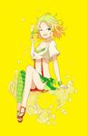  ;d asymmetrical_clothes bad_id bad_pixiv_id blonde_hair breasts c.c._lemon c.c._lemon_(character) cleavage medium_breasts midriff one_eye_closed open_mouth polka_dot polka_dot_legwear sandals short_hair single_thighhigh smile solo suya000 thighhighs yellow_eyes 