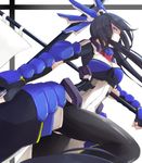  armor back-seamed_legwear black_hair bodysuit breasts flag honda_futayo kyoukaisenjou_no_horizon l_tasuku large_breasts long_hair pantyhose polearm ponytail purple_eyes seamed_legwear solo spear vambraces weapon 