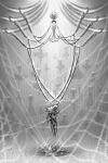  blurry blurry_foreground dress first_sinner_(hollow_knight) floating full_body grey_theme greyscale highres hollow_knight hollow_knight:_silksong lil_ghast long_dress monochrome scissors silk spider_web straight-on suspension weaver_(hollow_knight) wide_shot widow_(hollow_knight) 