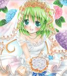  alternate_costume bouquet bow breasts bridal_veil cleavage daiyousei dress eyelashes fairy_wings floral_background flower gloves green_eyes green_hair hydrangea jewelry leaf looking_at_viewer medium_breasts mizame necklace open_mouth pink_background rose shikishi short_hair smile solo tears teeth touhou traditional_media veil wedding_dress white_flower white_rose wings wreath 