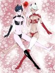  black_hair blue_eyes chinese clothed clothing corset crossdressing duo elf gay hair heels high_heels horn human kollow looking_at_viewer male mammal not_furry pattern_background pointy_ears red_eyes skimpy tanned white_hair 