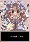  blush commentary crying crying_with_eyes_open gaoo_(frpjx283) hat highres open_mouth pink_hair red_eyes saigyouji_yuyuko short_hair solo tears touhou translated triangular_headpiece wavy_mouth 