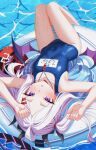  1girl :o absurdres ahoge arms_up black_halo blue_archive blue_one-piece_swimsuit blush breasts chromatic_aberration covered_navel halo highres hina_(blue_archive) hina_(swimsuit)_(blue_archive) karaage_(xxxmido02) long_hair looking_at_viewer low_wings lying official_alternate_costume on_back on_innertube one-piece_swimsuit parted_bangs purple_eyes small_breasts solo swimsuit very_long_hair whistle whistle_around_neck white_hair white_innertube wings 